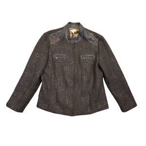 Chicos Jacket‎ Blazer Womens Size 2 Brown Tweed Metallic Leather Trim